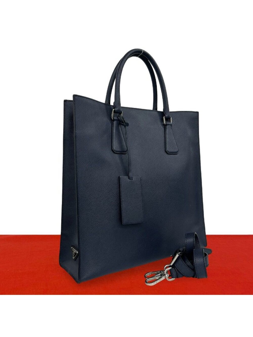 Prada Triangle Logo Saffiano Leather 2-Way Tote Shoulder Bag Navy